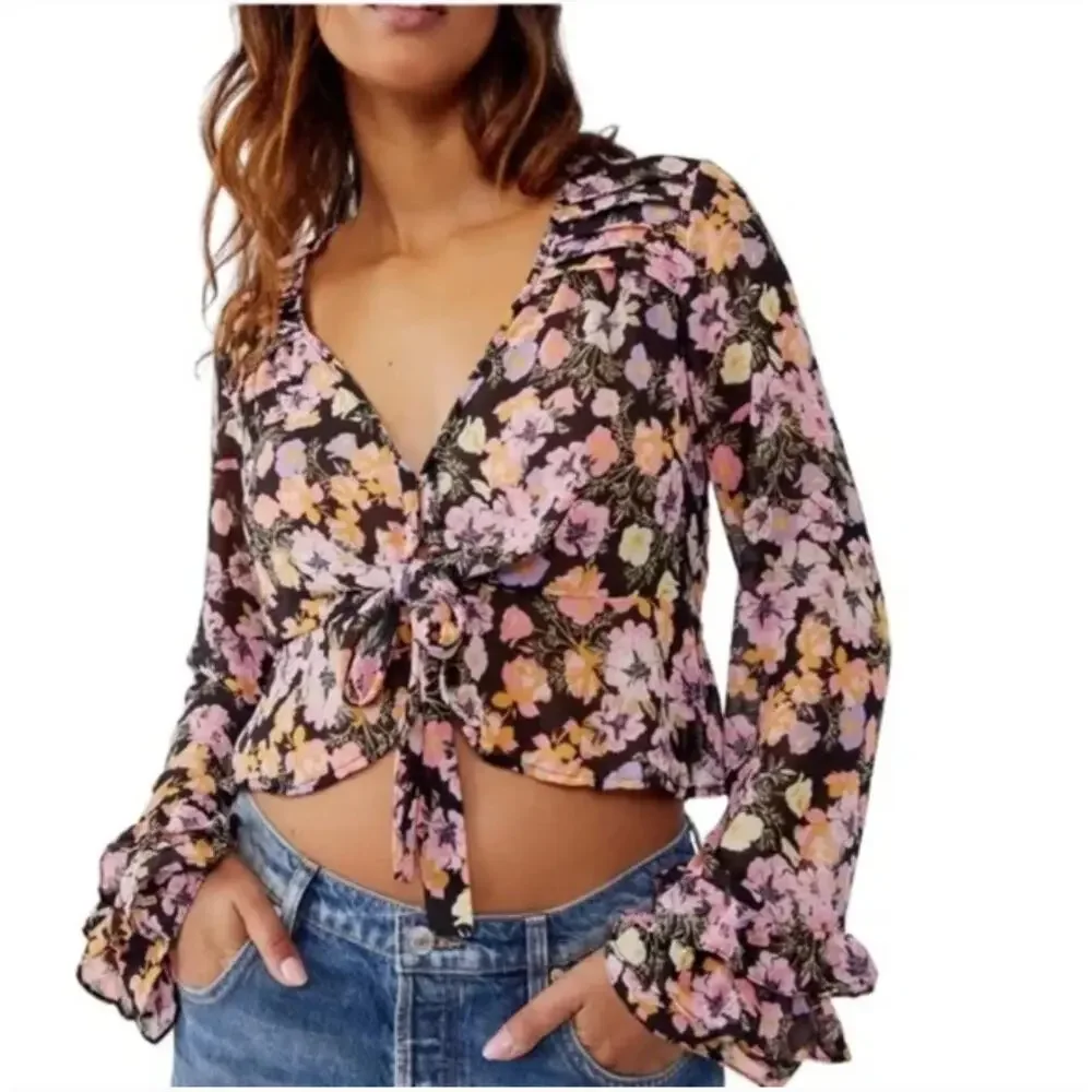 Free People Maybel Floral Ruffle Crop Top Women's Size Small